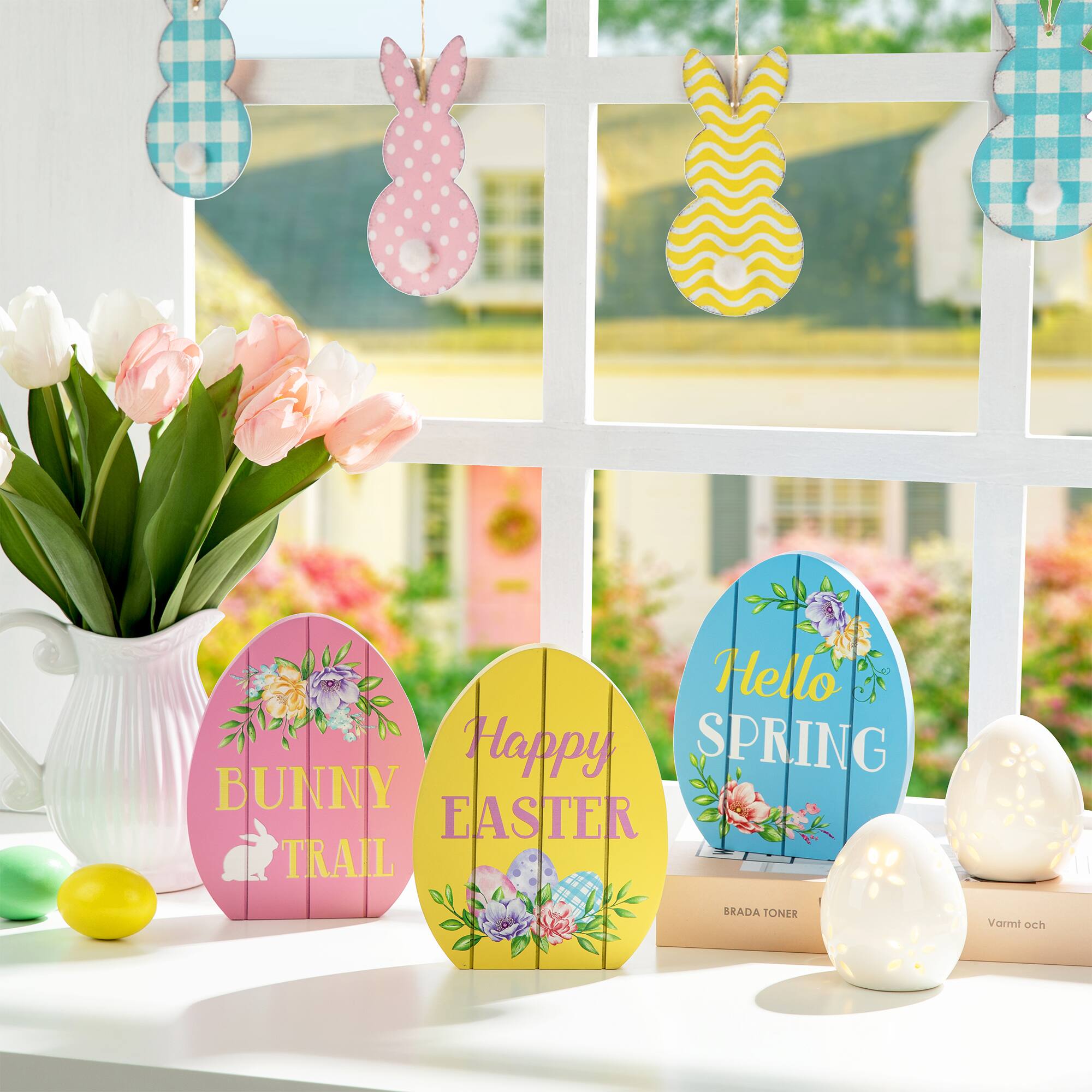 Glitzhome® 7.5" Set of 3 Easter Wooden Easter Egg Table Decor